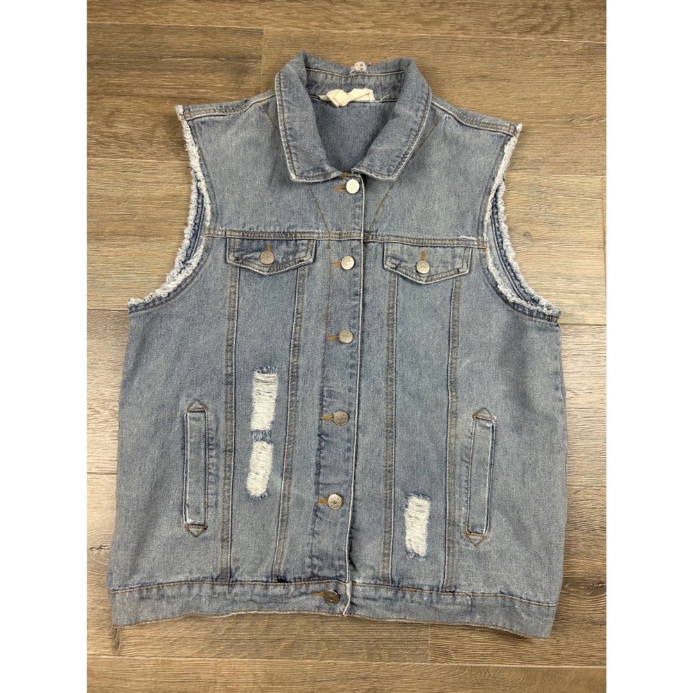 Promesa Womens Distressed Denim Vest Light Wash Blue Sleeveless Jacket Size M
